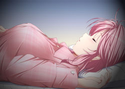Rule 34 | 1girl, alternate costume, black background, blue background, blush, breasts, buttons, closed eyes, commentary request, from side, gradient background, grey background, hand up, large breasts, long sleeves, lying, nori tamago, on back, pajamas, parted lips, pillow, pink hair, pink pajamas, profile, saigyouji yuyuko, short hair, sleeping, solo, touhou, upper body, wing collar