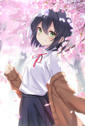 Rule 34 | 1girl, absurdres, black hair, black skirt, blush, cherry blossoms, clenched teeth, commentary request, fingernails, green eyes, hair between eyes, highres, long sleeves, looking at viewer, original, petals, red neckwear, red ribbon, ribbon, school uniform, shirt, short hair, skirt, smile, solo, teeth, toshizou (0714), white shirt