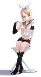 Rule 34 | 1girl, 200f (nifu), absurdres, arm tattoo, belt, belt buckle, black footwear, black shorts, black sleeves, blonde hair, boots, bow, bow hairband, buckle, collared shirt, detached sleeves, full body, green eyes, grey sailor collar, hair bow, hairband, highres, kagamine rin, knee boots, long hair, long sleeves, looking at viewer, midriff, navel, sailor collar, sailor shirt, shirt, short shorts, shorts, simple background, sitting, sleeveless, sleeveless shirt, sleeves past wrists, solo, stomach, swept bangs, tattoo, vocaloid, white background, white bow, white hairband, white shirt, yellow belt