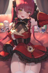 Rule 34 | bare shoulders, blush, bow, bowtie, breasts, brown eyes, cleavage, commentary request, cowboy shot, detached sleeves, dress, garter straps, gloves, gluteal fold, gothic lolita, hair bow, heterochromia, highres, hololive, houshou marine, large breasts, leotard, leotard under clothes, lolita fashion, long hair, looking at viewer, open mouth, red hair, see-through, see-through cleavage, see-through leotard, seon (seonon ), shiranui flare, shirogane noel, solo, thighhighs, twintails, uruha rushia, usada pekora, usada pekora (1st costume), very long hair, virtual youtuber, watch, yellow eyes
