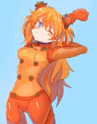 Rule 34 | 1girl, arm up, blue eyes, blush, bodysuit, breasts, brown hair, curvy, evangelion: 2.0 you can (not) advance, hair ornament, highres, interface headset, long hair, looking at viewer, medium breasts, neon genesis evangelion, plugsuit, rebuild of evangelion, red bodysuit, simple background, solo, souryuu asuka langley, standing, stretching, szk5355, test plugsuit, very long hair, wide hips