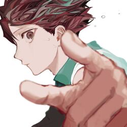 Rule 34 | 1boy, aoba johsai volleyball uniform, brown eyes, brown hair, closed mouth, haikyuu!!, highres, looking at viewer, male focus, oikawa tooru (haikyuu!!), outstretched arm, patterned hair, playing sports, pointing, pointing at viewer, short hair, short sleeves, sideways glance, solo, sportswear, sweat, volleyball, volleyball uniform, yadu nadu