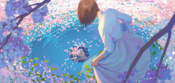 Rule 34 | 1girl, :d, branch, brown hair, cherry blossoms, collared shirt, covered eyes, facing down, falling petals, from above, full body, highres, hiko (scape), leaning forward, long skirt, long sleeves, medium hair, nature, open mouth, original, outdoors, petals, reflection, ripples, shirt, sidelocks, skirt, skirt hold, smile, solo, twitter username, wading, water, white shirt, white skirt