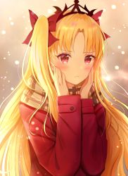 Rule 34 | 1girl, 3:, backlighting, bad id, bad pixiv id, blonde hair, blush, bow, brown scarf, closed mouth, coat, colored eyelashes, commentary, ereshkigal (fate), fate/grand order, fate (series), hair bow, hands on own cheeks, hands on own face, hands up, long hair, long sleeves, nasii, parted bangs, plaid, plaid scarf, red bow, red coat, red eyes, scarf, solo, straight hair, two side up, upper body, v-shaped eyebrows, very long hair