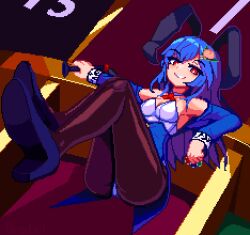 1girl animal_ears black_pantyhose blue_footwear blue_hair brodall_pixel commentary_request high_heels highres hinanawi_tenshi leotard long_hair long_sleeves looking_at_viewer pantyhose peach_hat_ornament pixel_art playboy_bunny rabbit_ears red_eyes sitting solo touhou