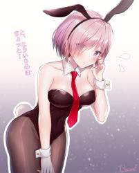 Rule 34 | 1girl, animal ears, artist name, bare arms, bare shoulders, black leotard, blush, breasts, brown pantyhose, closed mouth, collarbone, covered navel, cowboy shot, detached collar, fake animal ears, fake tail, fate/grand order, fate (series), flying sweatdrops, hair over one eye, hairband, hand up, leaning forward, leotard, light purple hair, looking at viewer, mash kyrielight, medium breasts, naomi (fantasia), necktie, pantyhose, playboy bunny, purple eyes, rabbit ears, rabbit tail, red necktie, short hair, solo, tail, translation request, wrist cuffs