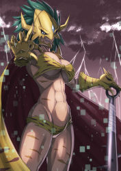 Rule 34 | 1girl, abs, absurdres, bare shoulders, bikini, blue eyes, breasts, cape, cleavage, cloud, cloudy sky, club, club (weapon), commentary, cowboy shot, digimon, digimon (creature), digital dissolve, fangs, gauntlets, green hair, grin, groin, highres, horns, kinkakumon, kotatsu (nukunuku), large breasts, lightning, long hair, looking at viewer, mask, navel, red cape, sky, smile, solo, spiked club, standing, stomach, swimsuit, teeth, two-tone cape, underboob, weapon, yellow bikini, yellow cape