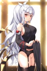 Rule 34 | 1girl, bad id, bad pixiv id, bare shoulders, black dress, black thighhighs, blurry, blurry background, blurry foreground, blush, breasts, brown eyes, closed mouth, clothes lift, cowboy shot, cross, cross necklace, detached sleeves, dress, dungeon and fighter, garter belt, grey hair, groin, hair ribbon, highres, jewelry, large breasts, long hair, looking at viewer, maemi (maemi12), necklace, pelvic curtain, pelvic curtain lift, pussy, revision, ribbon, sidelocks, skindentation, smile, solo, thighhighs, uncensored, very long hair, white ribbon, wide sleeves