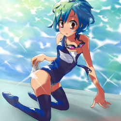 Rule 34 | blue vert, brown eyes, goggles, multicolored hair, one-piece swimsuit, original, school swimsuit, short hair, solo, swimsuit, thighhighs, torn clothes, wardrobe malfunction, water