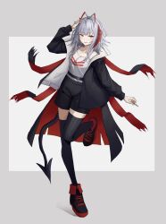 Rule 34 | 1girl, absurdres, antenna hair, arknights, bare shoulders, black cape, black footwear, black jacket, black shorts, black tail, black thighhighs, border, breasts, brown eyes, cape, cleavage, collarbone, full body, grey border, grey hair, hand on own head, highres, holding, jacket, kuroieo, leg up, long sleeves, looking at viewer, medium hair, multicolored hair, open clothes, open jacket, open mouth, outside border, red cape, red footwear, red hair, shoes, shorts, simple background, sketch, sneakers, solo, spaghetti strap, standing, standing on one leg, streaked hair, tail, thighhighs, two-sided cape, two-sided fabric, two-sided jacket, w (arknights), white background, white jacket