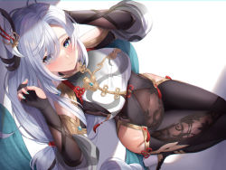 Rule 34 | 1girl, aqua nails, blue eyes, blush, braid, breasts, bridal gauntlets, chinese clothes, closed eyes, closed mouth, covered navel, futon fly away, genshin impact, gold trim, hair ornament, hair over one eye, hands up, highres, hip vent, knees up, large breasts, long bangs, long hair, looking at viewer, low-braided long hair, low-tied long hair, lying, nail polish, on back, shenhe (genshin impact), sideways, silver hair, solo, tassel, very long hair