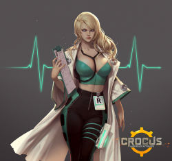 Rule 34 | 1girl, arm at side, bare shoulders, between breasts, black pants, blonde hair, blue eyes, breasts, breasts apart, clipboard, closed mouth, coat, collarbone, cowboy shot, crop top, doctor, eyelashes, eyeliner, fingernails, hand up, highres, holding, holster, lab coat, large breasts, lay (project crocus), legs together, lipstick, long fingernails, long hair, makeup, mole, mole under mouth, nail polish, nose, open clothes, open coat, pants, pink lips, pink nails, project crocus, sleeveless, solo, stethoscope, sunme lee, swept bangs, thigh holster, thigh strap, white coat
