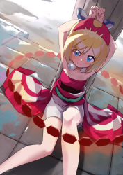 Rule 34 | 1girl, absurdres, against pillar, arms up, blonde hair, blue eyes, blush, bound, bracelet, closed mouth, collar, commentary request, creatures (company), day, game freak, hairband, highres, irida (pokemon), jewelry, kaminari (edeath), knees, looking at viewer, nintendo, outdoors, own hands together, pokemon, pokemon legends: arceus, red hairband, red shirt, sash, shirt, short hair, shorts, sitting, solo, strapless, strapless shirt, tied up (nonsexual), white shorts