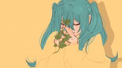 Rule 34 | 1girl, alternate costume, aqua hair, aqua nails, blending, closed eyes, hair between eyes, hatsune miku, highres, holding, holding plant, leaf, long hair, own hands together, plant, shadow, shirt, simple background, solo, syooooyoooo, twintails, upper body, vocaloid, yellow background, yellow shirt