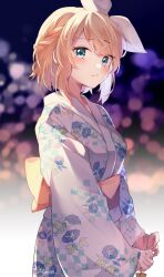 Rule 34 | 1girl, aqua eyes, blonde hair, blurry, blurry background, bow, braid, breasts, commentary, floral print, french braid, hair bow, hair ornament, hairclip, highres, japanese clothes, kagamine rin, kimono, light blush, looking at viewer, mani (manidrawings), nervous, night, night sky, obi, sash, short hair, sideways glance, sideways mouth, sky, small breasts, solo, swept bangs, vocaloid, white bow, white kimono, yellow sash