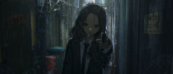 Rule 34 | 1girl, aiming, aiming at viewer, black hair, chinese text, cigarette, finger on trigger, formal, gun, highres, holding, holding gun, holding weapon, long hair, looking at viewer, necktie, night, original, outdoors, rain, solo, suit, translation request, wang-xi, weapon, wet, wet hair