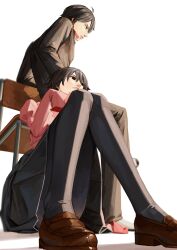 Rule 34 | 1boy, 1girl, ahoge, araragi koyomi, black eyes, black jacket, black pants, black pantyhose, black skirt, blurry, blurry background, brown footwear, chair, closed mouth, commentary, empty eyes, foreshortening, full body, gakuran, highres, jacket, knees together feet apart, leaning back, loafers, looking afar, looking ahead, looking to the side, monogatari (series), naoetsu high school uniform, nemo ringo, on chair, on ground, oshino ougi, pale skin, pants, pantyhose, perspective, pink mouth, pink shirt, pleated skirt, puffy sleeves, school chair, school uniform, shirt, shoes, short hair, simple background, sitting, skirt, sleeves past fingers, sleeves past wrists, very long sleeves, white background, white footwear