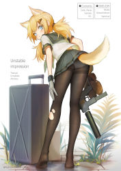Rule 34 | +) (liu997139467), 1girl, alternate costume, animal ear fluff, animal ears, bent over, blonde hair, blue eyes, bushman ltd., cat ears, cat tail, english text, extra ears, from behind, girls&#039; frontline, gloves, grey sailor collar, grey skirt, gun, hair ornament, hairclip, handgun, highres, idw (girls&#039; frontline), loafers, machine gun, machine pistol, panties, panties under pantyhose, pantyhose, parker-hale, parker-hale idw, parker-hale pdw, personal defense weapon, pistol, plant, pleated skirt, prototype design, rheinlander instruments corp., rolling suitcase, sailor collar, school uniform, serafuku, shoes, unworn shoes, simple background, skirt, solo, submachine gun, suitcase, suppressor, tail, torn clothes, torn pantyhose, twintails, underwear, weapon, weeds, white background, white panties