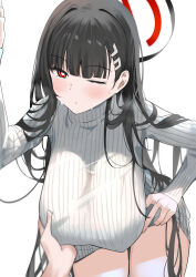 Rule 34 | 1girl, amy 016, black hair, blue archive, blush, breasts, grabbing, grabbing another&#039;s breast, large breasts, red eyes, rio (blue archive), sweater, turtleneck