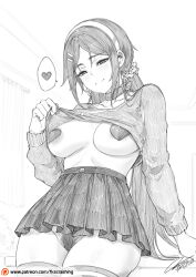 1girl absurdres blush breasts choker commentary crazy_mita_(miside) dated english_commentary female_pubic_hair fkscrashing greyscale hair_ornament hair_tie hairband hairpin heart heart_pasties highres indoors lifting_own_clothes light_smile long_hair looking_at_viewer medium_breasts miniskirt miside mita_(miside) monochrome pasties patreon_logo patreon_username pleated_skirt pubic_hair signature skindentation skirt solo spoken_heart thighhighs very_long_hair