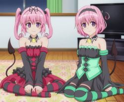Rule 34 | 2girls, arm support, bare shoulders, blush, brooch, carpet, crossed legs, curtains, detached sleeves, dress, female focus, hair ribbon, hairband, happy, indian style, indoors, jewelry, kneeling, long hair, momo velia deviluke, multiple girls, nana asta deviluke, pink hair, purple eyes, ribbon, short hair, short twintails, siblings, sisters, sitting, smile, strapless, strapless dress, striped legwear, tail, television, thighhighs, to love-ru, twins, twintails, window, yokozuwari
