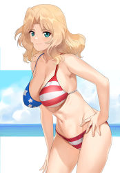Rule 34 | 1girl, a1 (initial-g), american flag bikini, aqua eyes, bikini, blonde hair, breasts, cleavage, flag print, girls und panzer, hand on own hip, kay (girls und panzer), large breasts, leaning forward, looking at viewer, navel, short hair, smile, solo, star (symbol), striped bikini, striped clothes, swimsuit