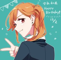 Rule 34 | 1girl, absurdres, blue background, blush, character name, closed mouth, commentary, confetti, dated, earrings, happy birthday, highres, jewelry, kashikaze, lonely girl ni sakaraenai, looking at viewer, looking back, medium hair, morinaga wakana, one side up, orange hair, outline, red eyes, smile, solo, stud earrings, translated, upper body, v, white outline