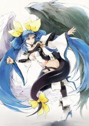 1girl bana_(stand_flower) blue_hair breasts cleavage dizzy_(guilty_gear) guilty_gear guilty_gear_xrd hair_ribbon highres long_hair looking_at_viewer open_mouth panties red_eyes ribbon solo tail tail_ornament tail_ribbon twintails underwear wings