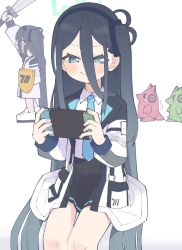 Rule 34 | 1girl, absurdly long hair, aqua halo, aris (blue archive), black hair, black skirt, blue archive, blue eyes, blue necktie, blush, blush stickers, closed mouth, collarbone, feet out of frame, hair between eyes, hairband, halo, handheld game console, highres, holding, holding shield, holding sword, holding weapon, jacket, kamo (kamonabe 44), long hair, long sleeves, necktie, open clothes, open jacket, rectangular halo, ringed eyes, shield, shirt, side ponytail, sitting, skirt, smile, solo, sword, very long hair, weapon, white jacket, white shirt