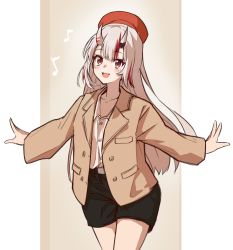 Rule 34 | 1girl, absurdres, airplane arms, alternate costume, beige background, beige jacket, beret, black shorts, border, breasts, cowboy shot, fang, gradient hair, hat, highres, hololive, horns, jacket, long hair, looking at viewer, mooninkyuu, multicolored hair, nakiri ayame, oni, open clothes, open jacket, outstretched arms, pillarboxed, red eyes, red hair, shirt, shirt tucked in, shorts, silver hair, skin-covered horns, small breasts, spread arms, streaked hair, virtual youtuber, white border, white shirt