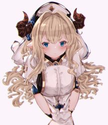 Rule 34 | &gt;:(, 1girl, blonde hair, blue eyes, blurry, blush, breasts, cleavage, commentary request, depth of field, draph, granblue fantasy, hair between eyes, hair over shoulder, highres, large breasts, long hair, long sleeves, looking at viewer, pelvic curtain, pointy ears, puffy long sleeves, puffy sleeves, razia, rice tea, serious, sidelocks, thighs, v-shaped eyebrows, v arms, veil, very long hair, wavy hair, white background