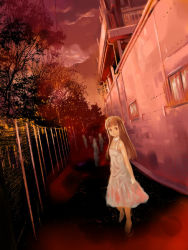 Rule 34 | 1girl, brown eyes, brown hair, dress, expressionless, full body, hime cut, long hair, maruto!, outdoors, red theme, road, shadow, silhouette, solo, standing, street, sunset, tree, vanishing point, white dress