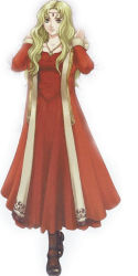 Rule 34 | 1girl, blonde hair, boots, circlet, collarbone, dress, fire emblem, fire emblem: the binding blade, full body, gold trim, guinevere (fire emblem), jewelry, kaneda eiji, long hair, nintendo, official art, pendant, red dress, simple background, solo, white background, yellow eyes