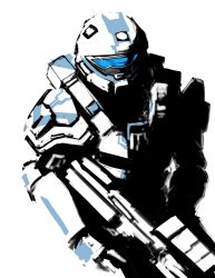 Rule 34 | androgynous, armor, assault rifle, blending, bullpup, gender request, gun, halo (game), halo (series), helmet, high contrast, holding, holding gun, holding weapon, looking at viewer, ma5, monochrome, power armor, rifle, sate, simple background, solo, spot color, weapon, white background
