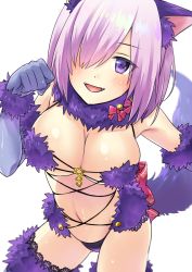 Rule 34 | 1girl, :d, aimori meguru, animal costume, animal ears, blush, bow, breasts, cleavage, closed mouth, detached collar, elbow gloves, eyebrows, eyelashes, fangs, fate/grand order, fate (series), fur trim, gloves, gluteal fold, hair over one eye, halloween costume, lace, lace-trimmed legwear, lace trim, large breasts, looking at viewer, mash kyrielight, mash kyrielight (dangerous beast), navel, o-ring, official alternate costume, one eye covered, open mouth, panties, paw pose, purple eyes, purple gloves, purple hair, purple panties, red bow, revealing clothes, shiny skin, short hair, simple background, smile, solo, stomach, tail, thighhighs, underwear, white background, wolf costume, wolf ears, wolf tail