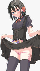 Rule 34 | 1girl, absurdres, black hair, black shirt, black skirt, black thighhighs, blue eyes, bow, bow panties, breasts, cac itinose, closed mouth, clothes lift, commentary request, grey background, groin, hair between eyes, hair bow, halloween, highres, lifting own clothes, looking at viewer, orange bow, original, panties, panty pull, pink panties, puffy short sleeves, puffy sleeves, shirt, short sleeves, side-tie panties, simple background, skirt, skirt lift, small breasts, solo, sweat, thighhighs, underwear