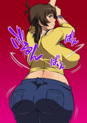 Rule 34 | 00s, 1girl, amaha masane, ass, backboob, blush, breasts, brown eyes, brown hair, denim, from behind, huge ass, huge breasts, impossible clothes, impossible shirt, jeans, looking back, pants, shirt, solo, tetrodotoxin, witchblade
