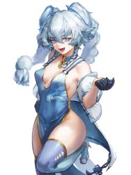 Rule 34 | 1girl, absurdres, beckoning, blue eyes, blue hair, braid, breasts, china dress, chinese clothes, choker, cleavage, covered navel, dress, earrings, fangs, girls&#039; frontline, gloves, highres, jewelry, knee up, lieeux, looking at viewer, low twin braids, medium breasts, pa-15 (alluring larkspur) (girls&#039; frontline), pa-15 (girls&#039; frontline), sideboob, simple background, smile, solo, standing, standing on one leg, thighhighs, thighs, twin braids, twintails, white background