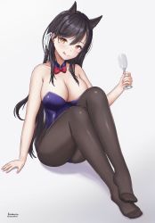 Rule 34 | 1girl, :q, absurdres, animal ears, artist name, atago (azur lane), azur lane, black hair, black pantyhose, breasts, cleavage, cup, detached collar, full body, hair ribbon, hamano (hamafino), highres, holding, holding cup, large breasts, leotard, long hair, looking at viewer, mole, mole under eye, pantyhose, purple leotard, ribbon, simple background, sitting, solo, strapless, strapless leotard, tongue, tongue out, white background, white ribbon, yellow eyes