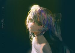 Rule 34 | 1girl, artist name, bare shoulders, black background, blurry, closed mouth, commentary, depth of field, from side, green eyes, grey hair, hatsune miku, long hair, looking at viewer, looking to the side, multicolored hair, portrait, purple hair, say hana, simple background, solo, streaked hair, sunlight, twintails, vocaloid