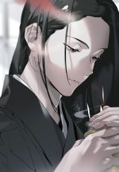 Rule 34 | 1boy, absurdres, androgynous, black eyes, black hair, black kimono, blurry, closed mouth, cover, cover page, cup, depth of field, from side, hair behind ear, half-closed eyes, hands up, haruno taku, highres, holding, holding cup, japanese clothes, kimono, light smile, long hair, looking away, looking down, male focus, official art, original, portrait, solo, steam, yunomi