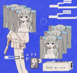 Rule 34 | 1girl, black eyes, blood, blood on clothes, blood on hands, bloody knife, blue background, buffering, clock, english text, expressionless, feet out of frame, grey hair, hard drive, hell mp (vocaloid), highres, holding, holding knife, kitchen knife, knife, long sleeves, medium hair, multiple views, open mouth, outside border, pleated skirt, progress bar, puffy long sleeves, puffy sleeves, sabaku (saba9), skirt, solo, song name, speech bubble, sweater vest, talking, twintails, vocaloid, window (computing)