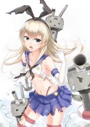 Rule 34 | &gt; &lt;, 10s, 1girl, anchor, armpits, blonde hair, blue eyes, breasts, closed eyes, elbow gloves, gloves, hair ornament, hair ribbon, highres, innertube, kantai collection, long hair, looking at viewer, machinery, midriff, navel, open mouth, panties, pc9527, personification, ribbon, shimakaze (kancolle), small breasts, socks, solo, striped clothes, striped socks, striped thighhighs, swim ring, thighhighs, torn clothes, triangle mouth, turret, underboob, underwear