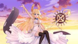 Rule 34 | 1girl, :d, absurdres, arm ribbon, arm up, azur lane, bare arms, bare shoulders, bell, biako, black thighhighs, blonde hair, blue eyes, blush, breasts, cleavage, cloud, commentary request, dress, hair ornament, hair ribbon, hairclip, highres, holding, holding staff, impossible clothes, impossible dress, large breasts, laurel crown, long hair, looking at viewer, navel, open mouth, outdoors, ribbon, ship&#039;s wheel, sitting, sky, sleeveless, sleeveless dress, smile, solo, staff, sunset, thighhighs, thighs, very long hair, victorious (azur lane), white dress, white ribbon, yellow ribbon