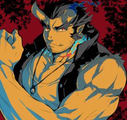 Rule 34 | 1boy, bad id, bad twitter id, bara, bare arms, bare shoulders, broken horn, demon boy, demon horns, facial hair, fang, fiery horns, glowing, glowing eyes, highres, horns, jewelry, large pectorals, long sideburns, male focus, muscular, muscular male, necklace, orange eyes, pectorals, scar, scar on neck, short hair, sideburns, sleeveless, sleeveless jacket, smile, solo, stubble, takemaru (housamo), tank top, text focus, thick eyebrows, tokyo houkago summoners, upper body, white tank top, zabaniyan
