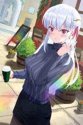 Rule 34 | 1girl, black skirt, blush, breasts, circlet, coffee cup, cup, disposable cup, earrings, fate/grand order, fate (series), grey sweater, hair ribbon, highres, jewelry, kama (fate), large breasts, long hair, long sleeves, looking at viewer, may9, pout, red eyes, ribbed sweater, ribbon, silver hair, skirt, solo, sweater, turtleneck, turtleneck sweater