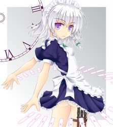 Rule 34 | 1girl, apron, ass, blue eyes, bow, braid, female focus, from behind, highres, izayoi sakuya, knife, looking back, maid, maid apron, maid headdress, no panties, noveske n4, open mouth, short hair, short sleeves, silver hair, solo, touhou, twin braids
