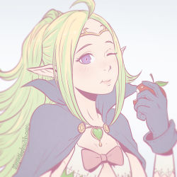 Rule 34 | 1girl, ahoge, apple, artist name, black cape, black gloves, blonde hair, blurry, blush, bow, brooch, cape, circlet, closed mouth, collarbone, depth of field, eating, female focus, fire emblem, fire emblem awakening, flat chest, flat color, food, fruit, gem, gloves, gradient hair, green gemstone, green hair, grey background, half updo, heart, holding, holding food, holding fruit, jewelry, koyorin, leaf, lips, long hair, looking at viewer, multicolored hair, nintendo, nowi (fire emblem), one eye closed, pale color, pink bow, pink lips, pointy ears, ponytail, portrait, purple eyes, purple gloves, shiny skin, sidelocks, simple background, solo, upper body, very long hair, watermark, web address, white background