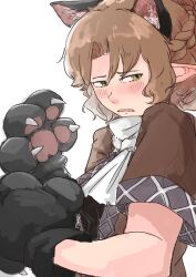 Rule 34 | 1girl, alternate hair color, animal ears, animal hands, ascot, black shirt, blonde hair, blush, braid, brown hair, brown shirt, cat ears, commentary request, french braid, gloves, green eyes, highres, hyoutan tan, kemonomimi mode, looking at viewer, mizuhashi parsee, one-hour drawing challenge, open mouth, paw gloves, shirt, short hair, short sleeves, simple background, solo, touhou, undershirt, upper body, white ascot, white background