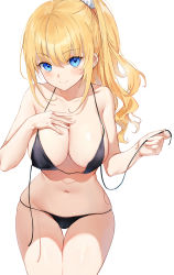 Rule 34 | 1girl, bare arms, bare shoulders, bikini, black bikini, blonde hair, blue eyes, breasts, cameltoe, cleavage, collarbone, cowboy shot, emyo, groin, hair ornament, hand on own chest, heart, heart-shaped pupils, highres, large breasts, long hair, looking at viewer, navel, original, ponytail, sidelocks, simple background, skindentation, smile, solo, standing, stomach, string bikini, swimsuit, symbol-shaped pupils, thigh gap, thighs, untied bikini, white background